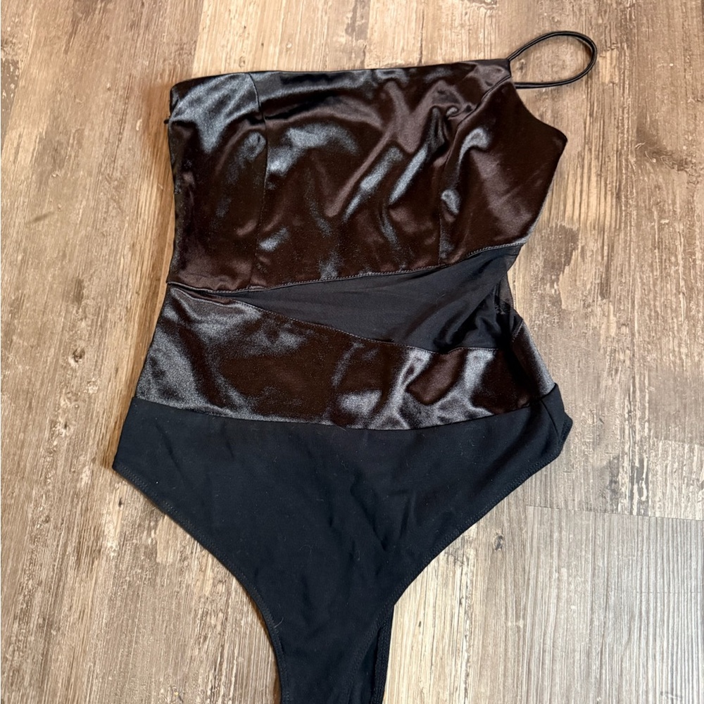 Blue Blush Black Satin One-Shoulder Bodysuit
